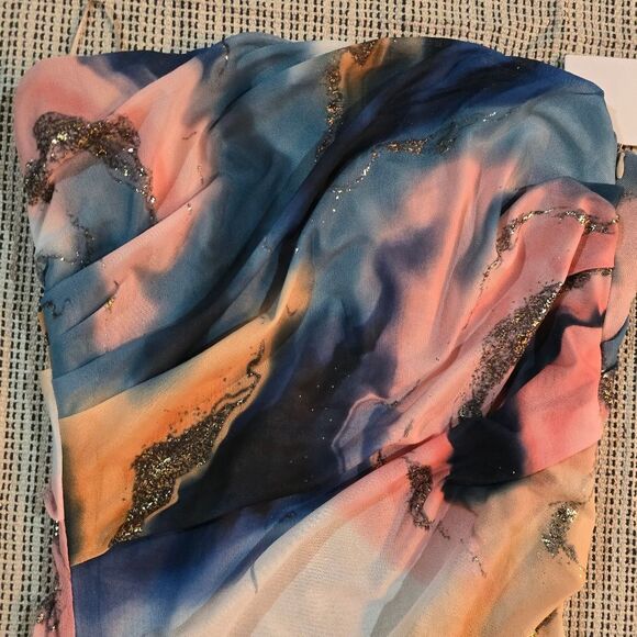 EMORY PARK Strapless Mesh Ruched Midi Bodycon Dress Marble Print NWT - Picture 2 of 8